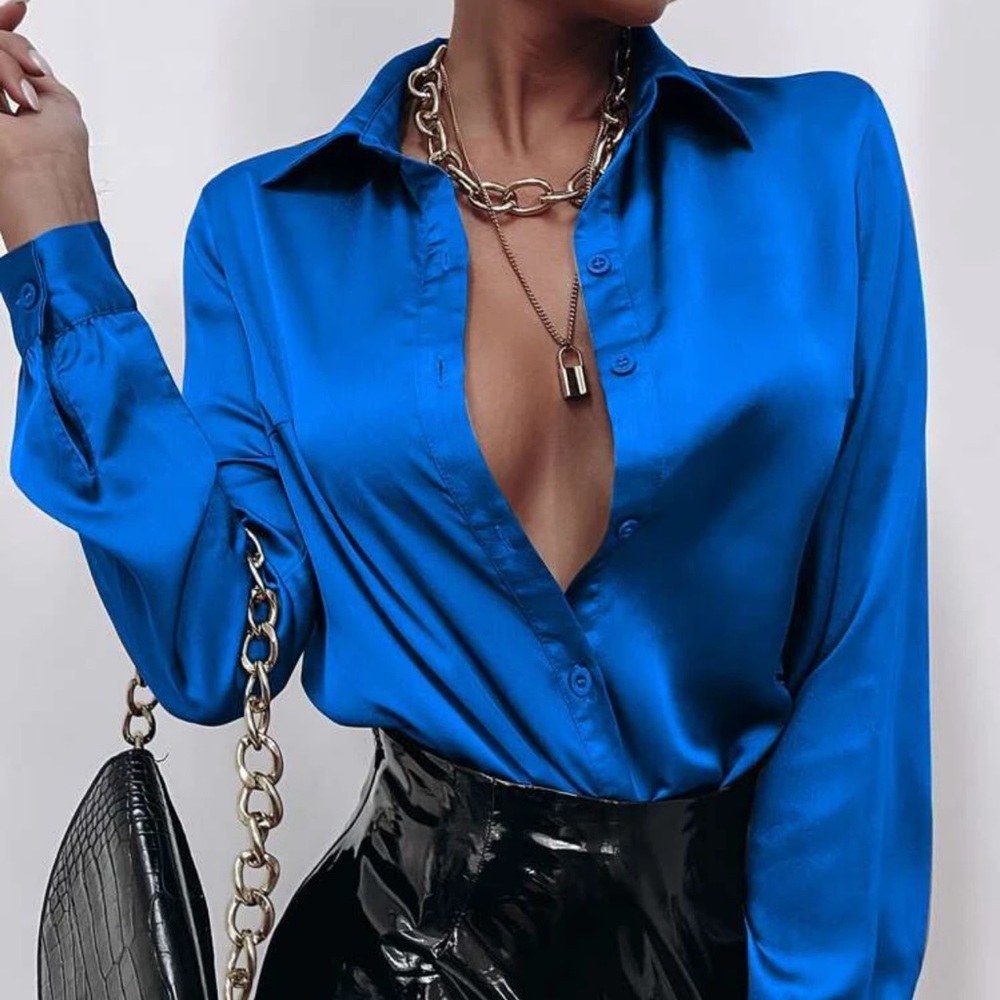 Satin silky button up down shirt sexy business professional casual holiday - Picture 15 of 15